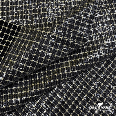 Ткань костюмная с пайетками, 100%полиэстр, 460+/-10 гр/м2, 150см #309 - цв. чёрный - купить в Стерлитамаке. Цена 1 203.93 руб.